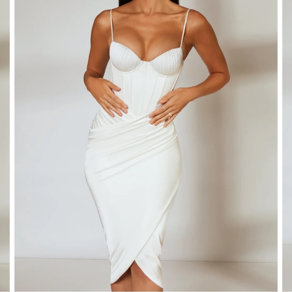 OH POLLY TENDERNESS Draped Skirt Corset Midi Dress in Ivory